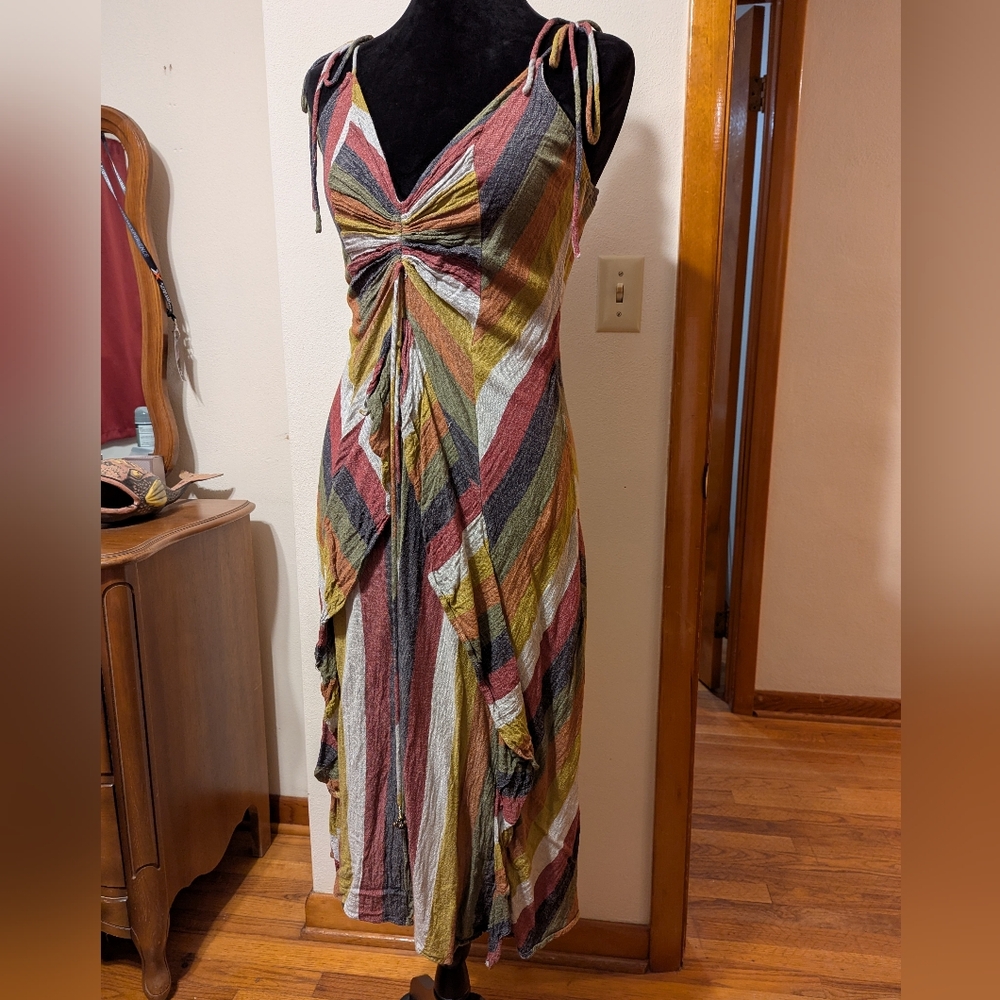 Free People Linen Striped V Neck Summer Boho Midi Dress